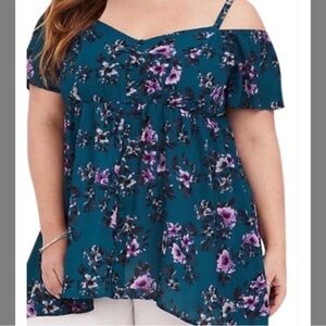 Torrid Babydoll Blouse Womens Plus Sz 0/0X Teal Floral Feminine Off the Shoulder